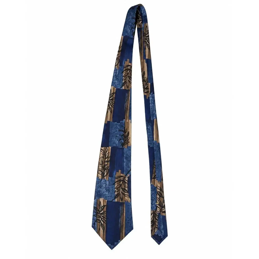 Vintage Farah 100% Silk Necktie Blue Tan Abstract Botanical Made in USA